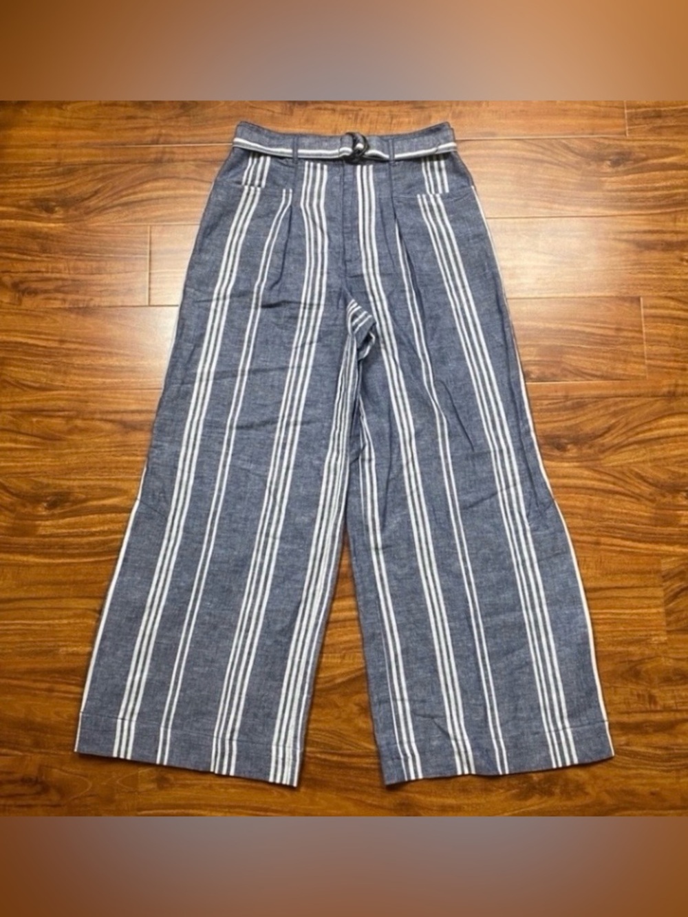 Anthropologie Women’s Blue White Linen Cotton Stripe Wide Leg Crop Pants Size 4